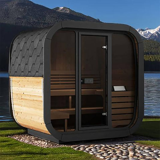 SaunaLife CL5G Cube Series 4-Person Outdoor Sauna Kit – Modern Glass Front Backyard Sauna