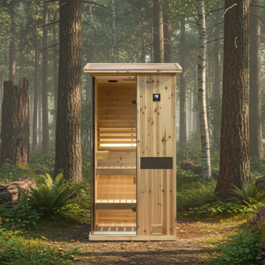Wooden sauna in a forest setting