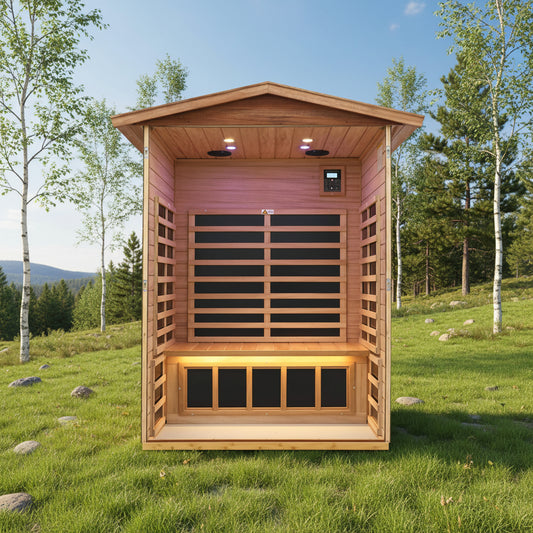 Wooden sauna with a bench and glass panels on an outside, lightly wooded background
