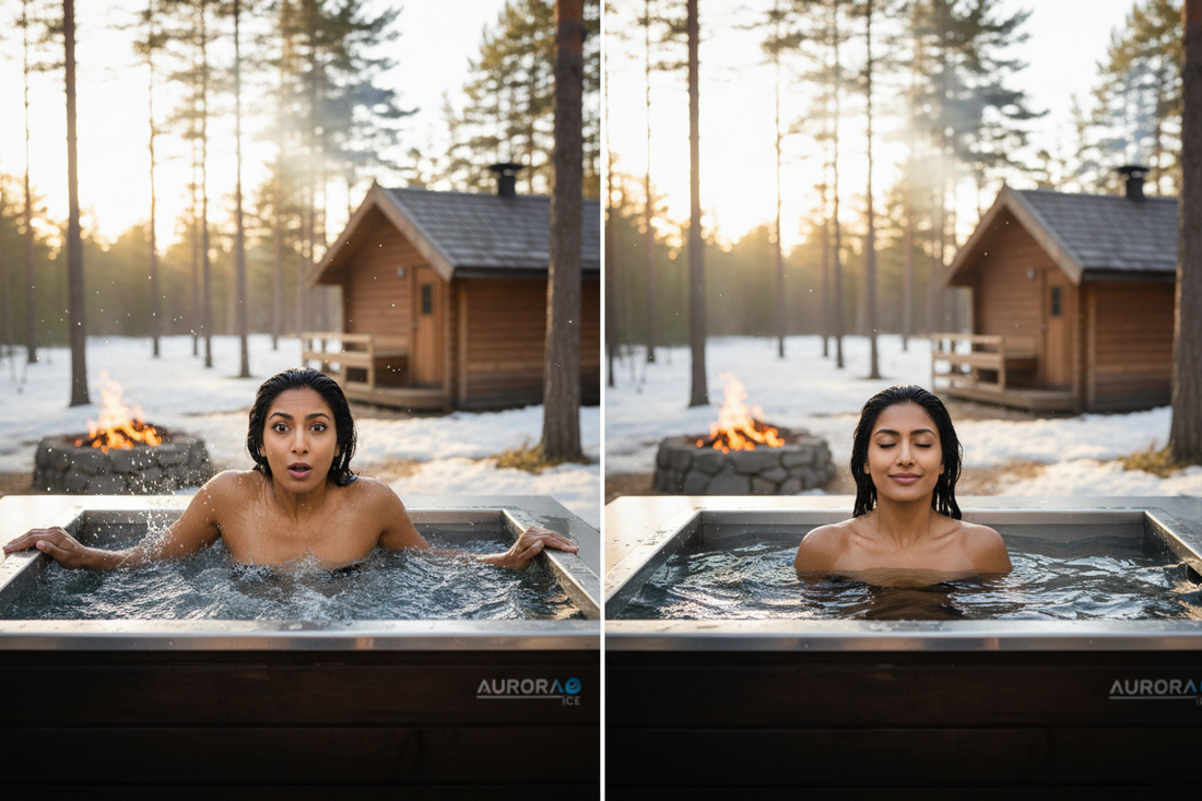 Side by side picture of woman in cold plunge tub left is shock, right image is calm. in the background you can see a fire pit and a sauna set in a snowy wooded area at early evening.