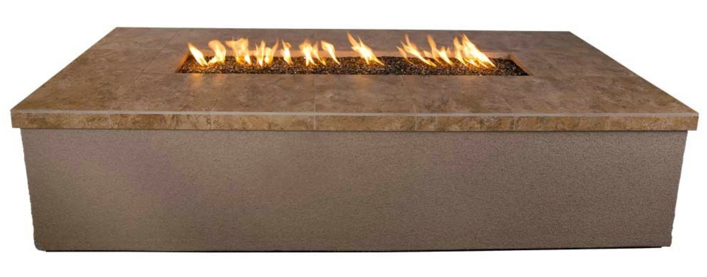 Rectangular fire pit table with flames on a white background