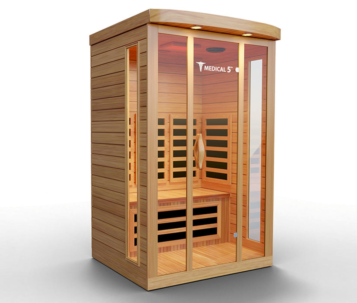 Cantered right wooden infrared sauna with 'MEDICAL 5' branding on a white background