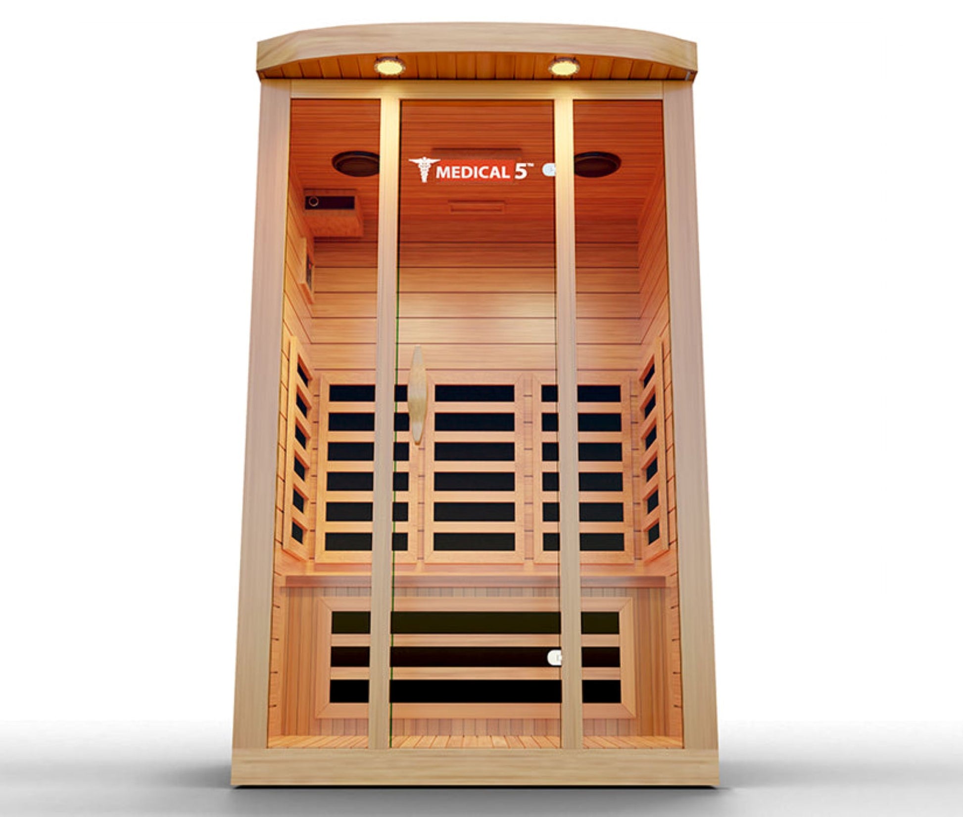 Wooden infrared sauna with 'Medical 5' branding on a white background