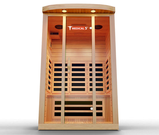 Wooden infrared sauna with 'Medical 5' branding on a white background