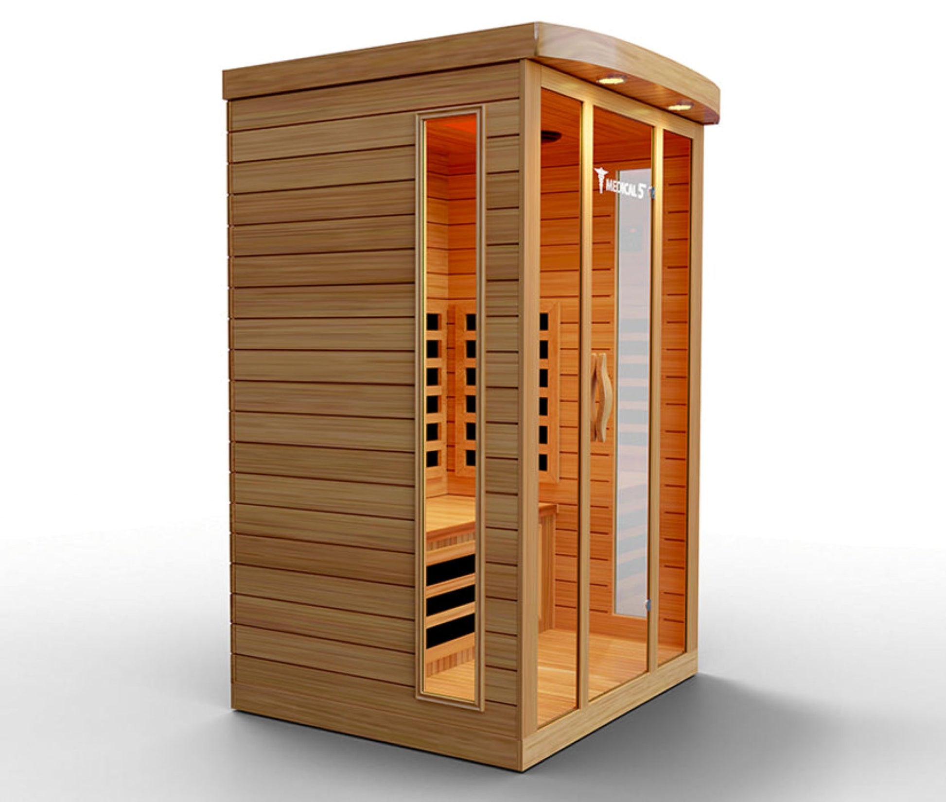 Wooden sauna with glass door on a white background side-cantered view
