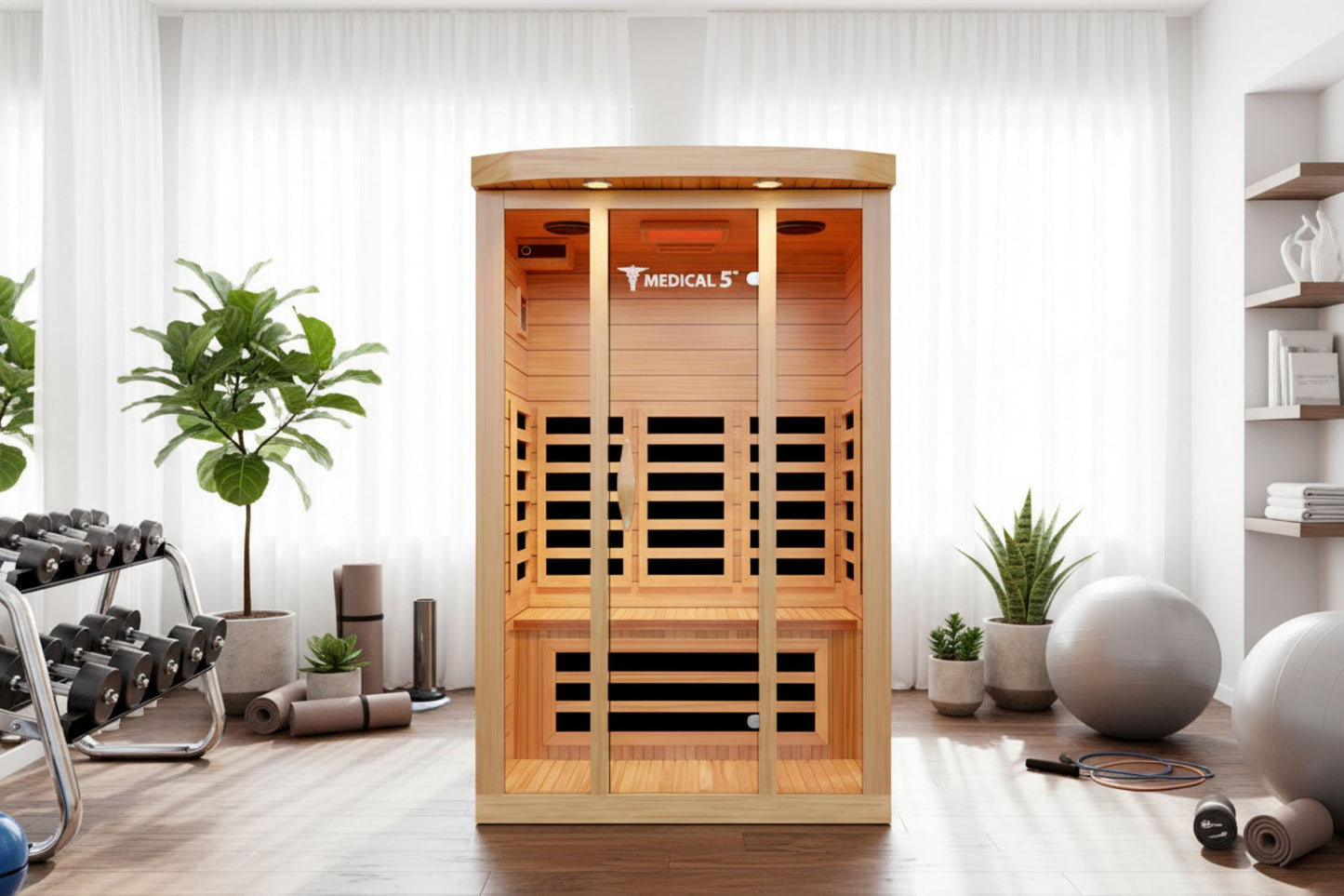 Infrared sauna in a room with exercise equipment and decor