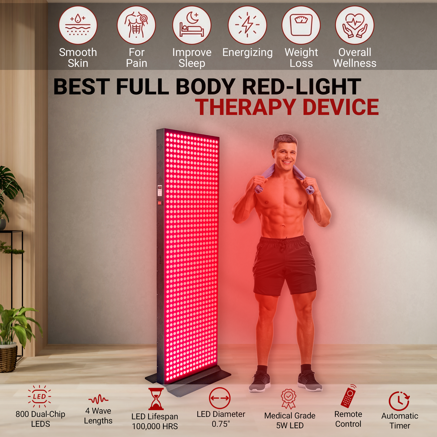 EXESAS 800 LED 4000W Full Body Red Light Therapy Panel – Dual-Chip Infrared LED Recovery System with 4 Wavelength Technology