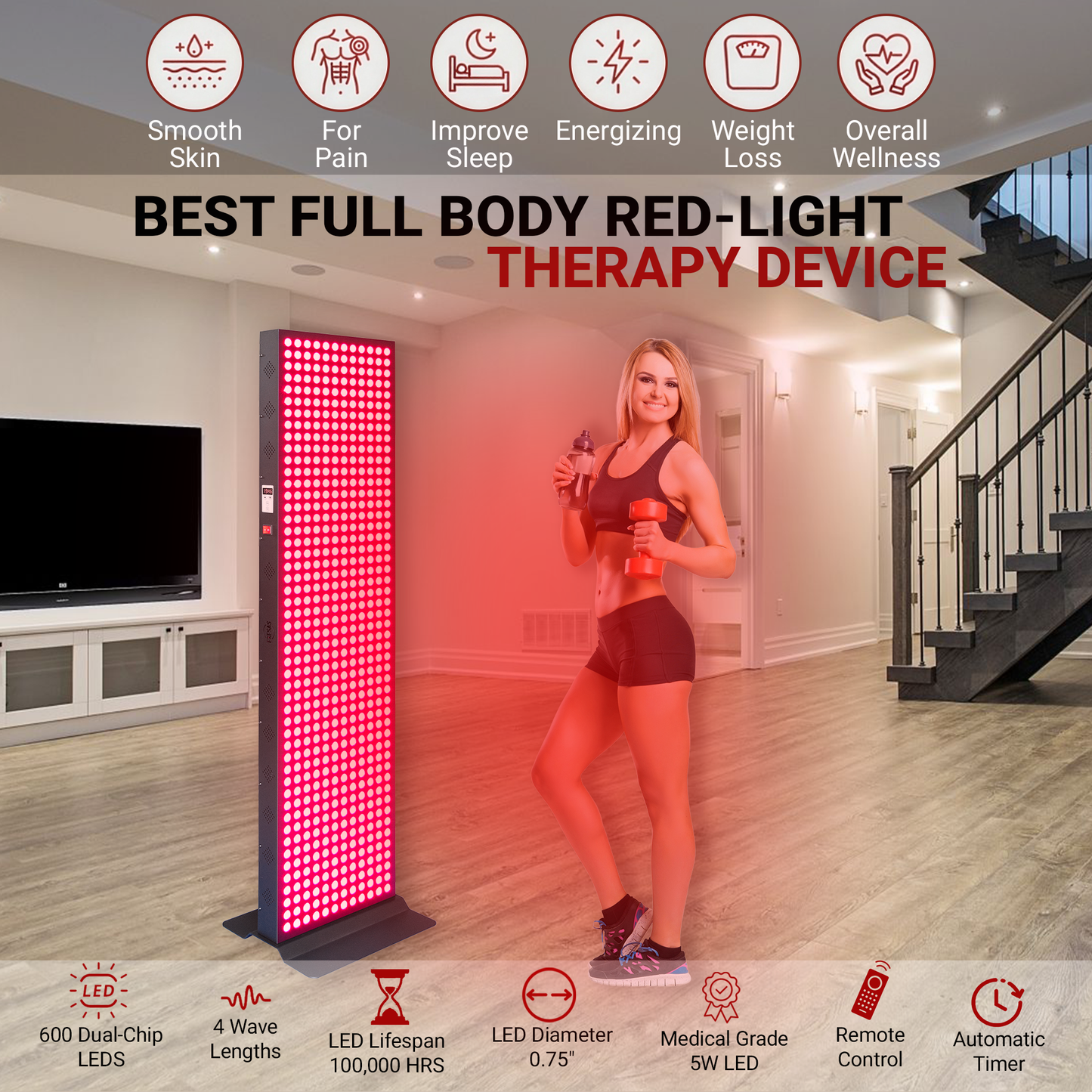 EXESAS 600 LED 3000W Full Body Red Light Therapy Panel – Dual-Chip Infrared LED Device with 4 Wavelength Technology