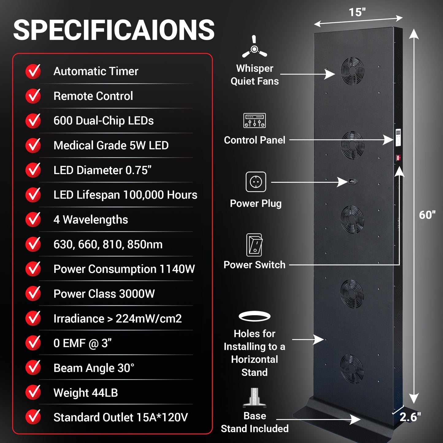 EXESAS 600 LED 3000W Full Body Red Light Therapy Panel – Dual-Chip Infrared LED Device with 4 Wavelength Technology