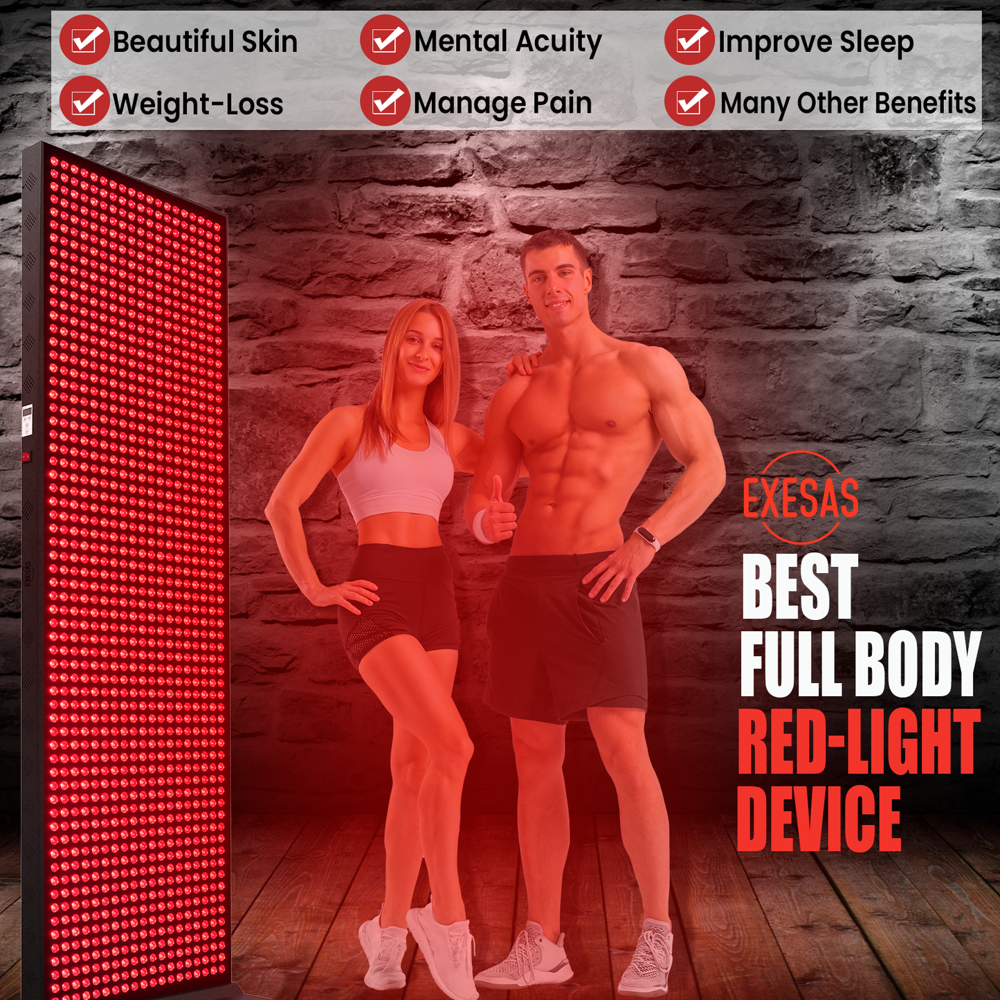EXESAS 1216 LED 6080W Full Body Red Light Therapy Panel - Professional Dual-Chip Infrared Recovery System with 4 Wavelength Technology