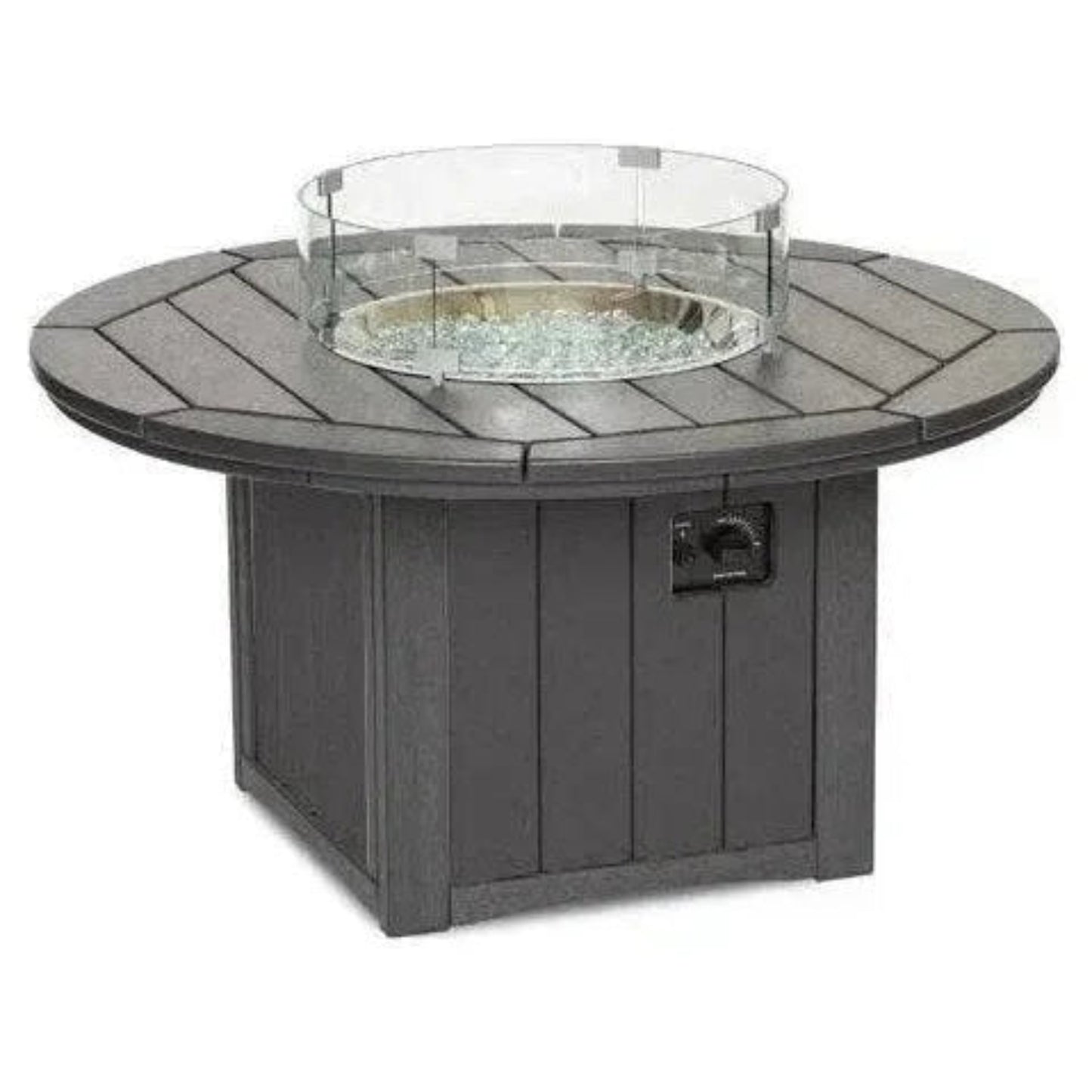 Round outdoor fire pit table with glass cover on a white background