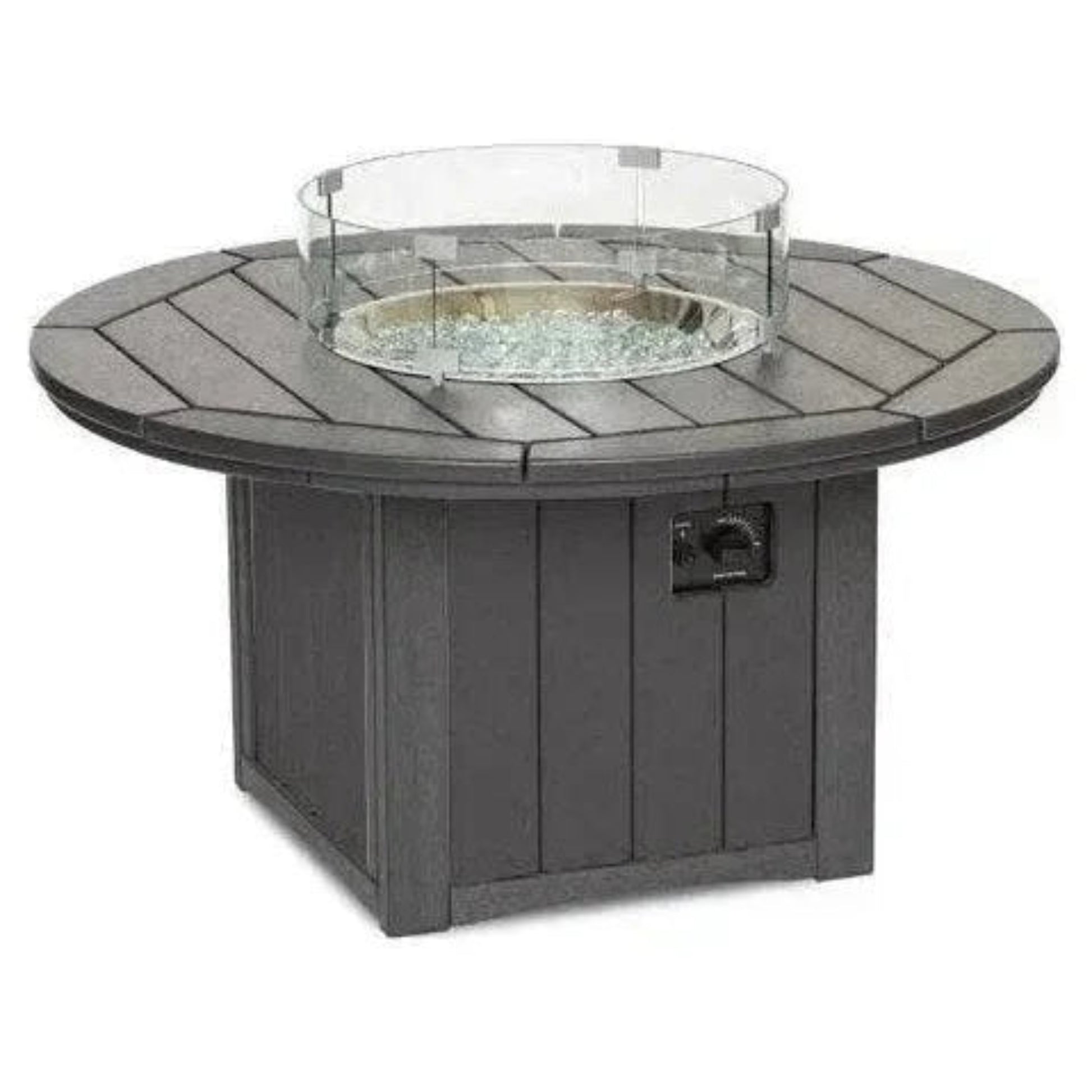 Round outdoor fire pit table with glass cover on a white background