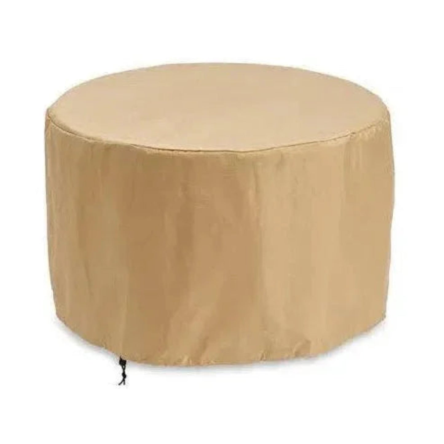 Beige round fire pit cover on a white background