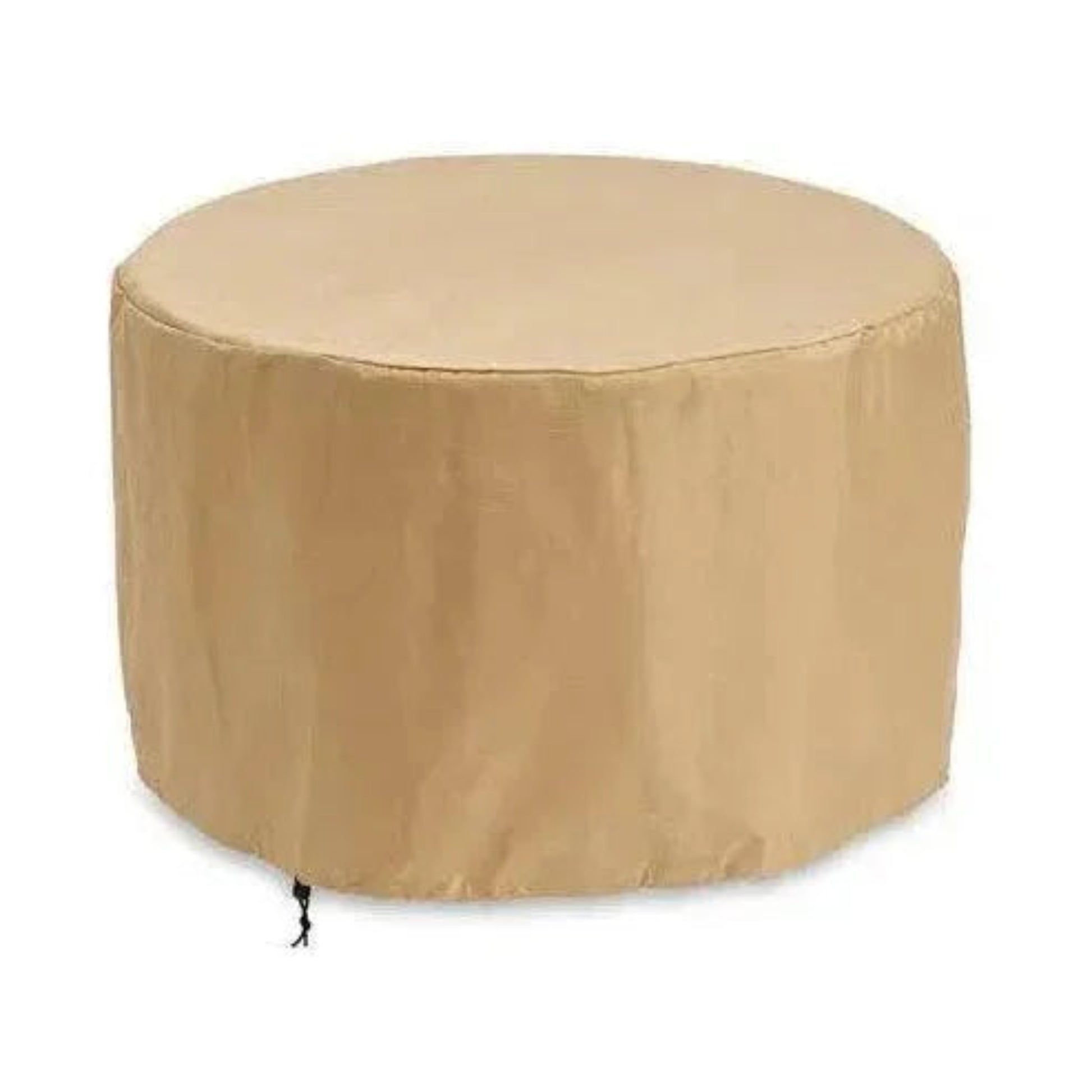 Beige round fire pit cover on a white background