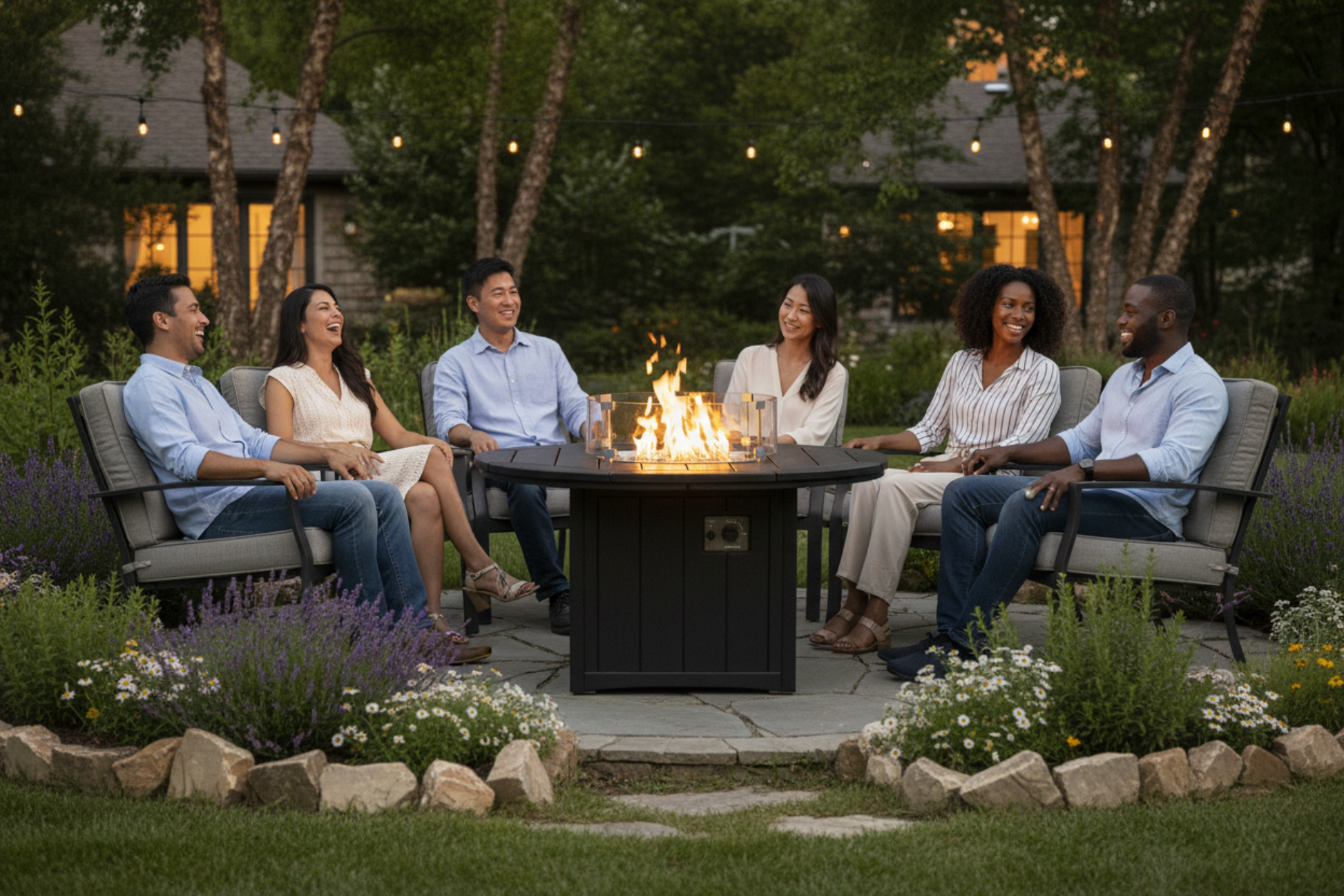 Group of people sitting around a fire pit in a garden setting