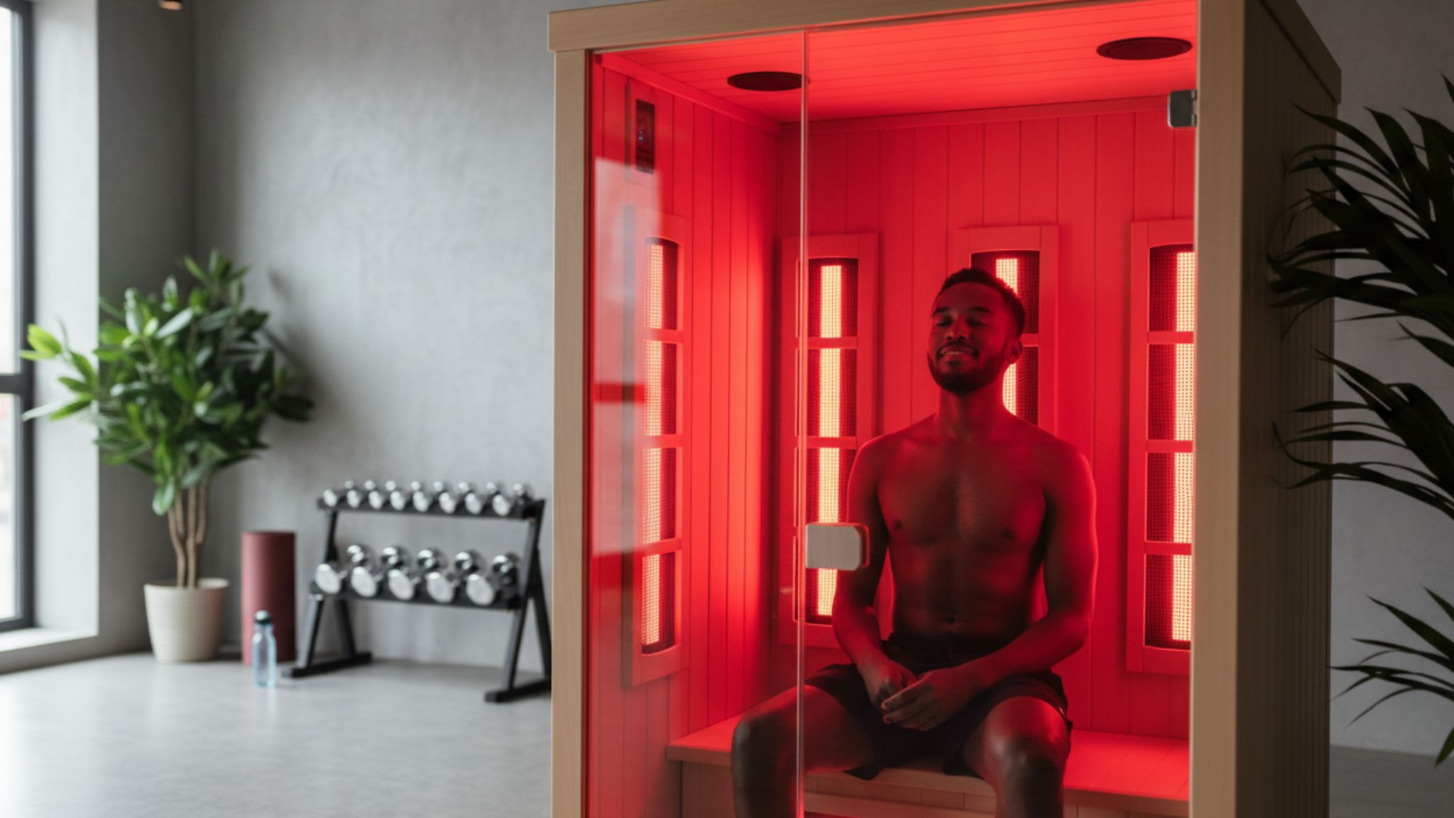 Man sitting inside a red-lit infrared sauna with plants and a bench in the background.