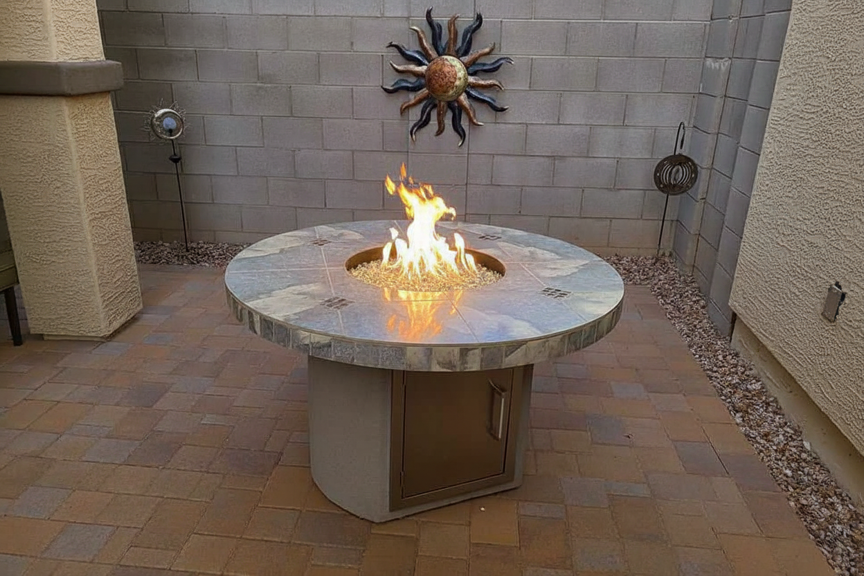 Bahama Outdoor Fire Table – 35,000 BTU Round Dining Height Fire Pit Table (LP / NG / Wood Compatible)