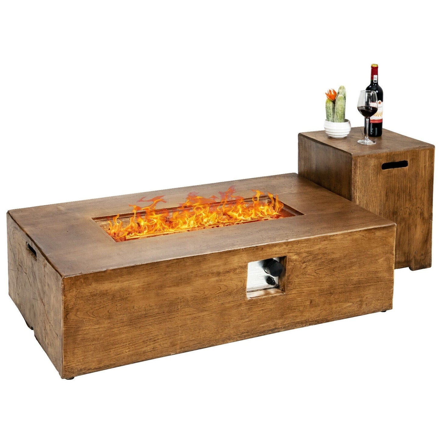 Wooden fire pit table with flames and a side table with drinks on a white background