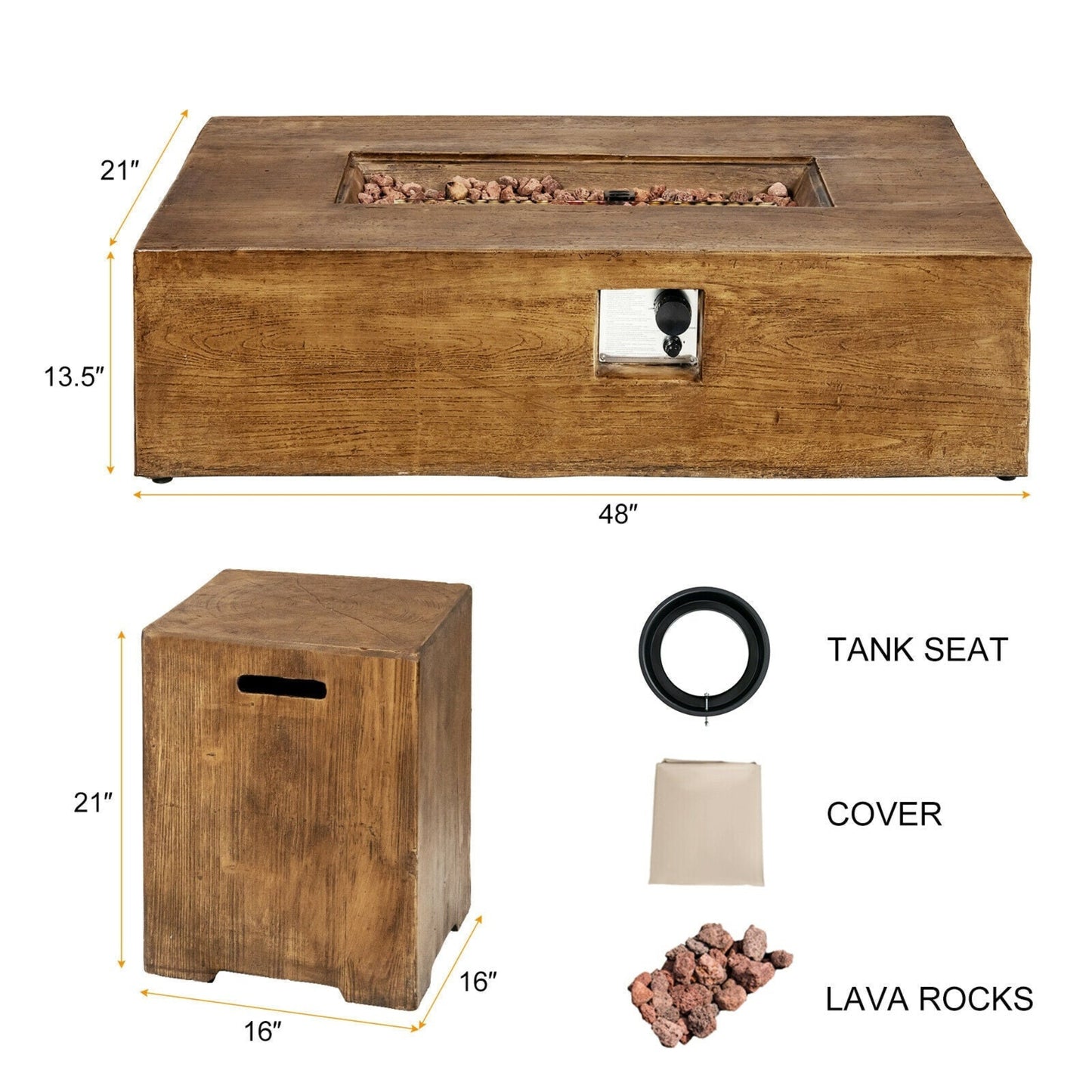 Wooden fire pit table with dimensions, tank seat, cover, and lava rocks on a white background.