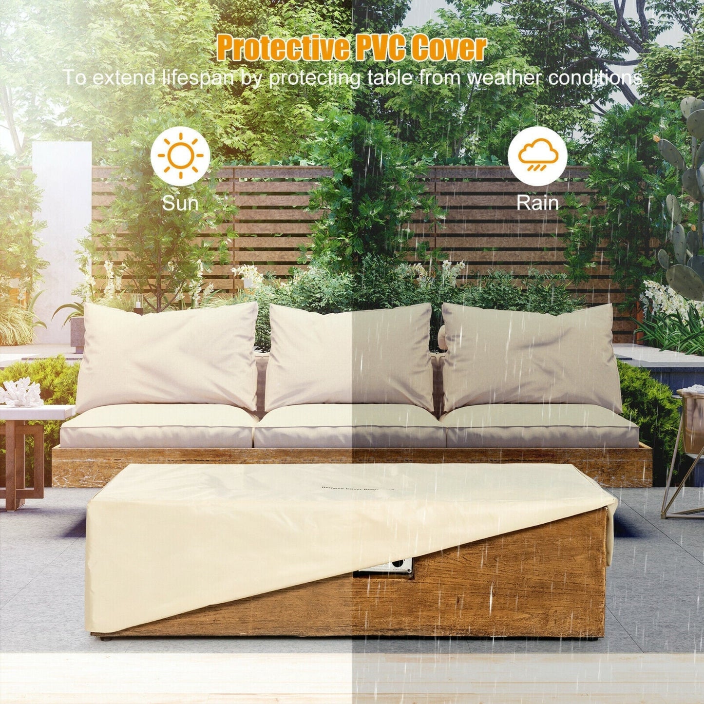 Outdoor furniture set with a protective PVC cover in a garden setting