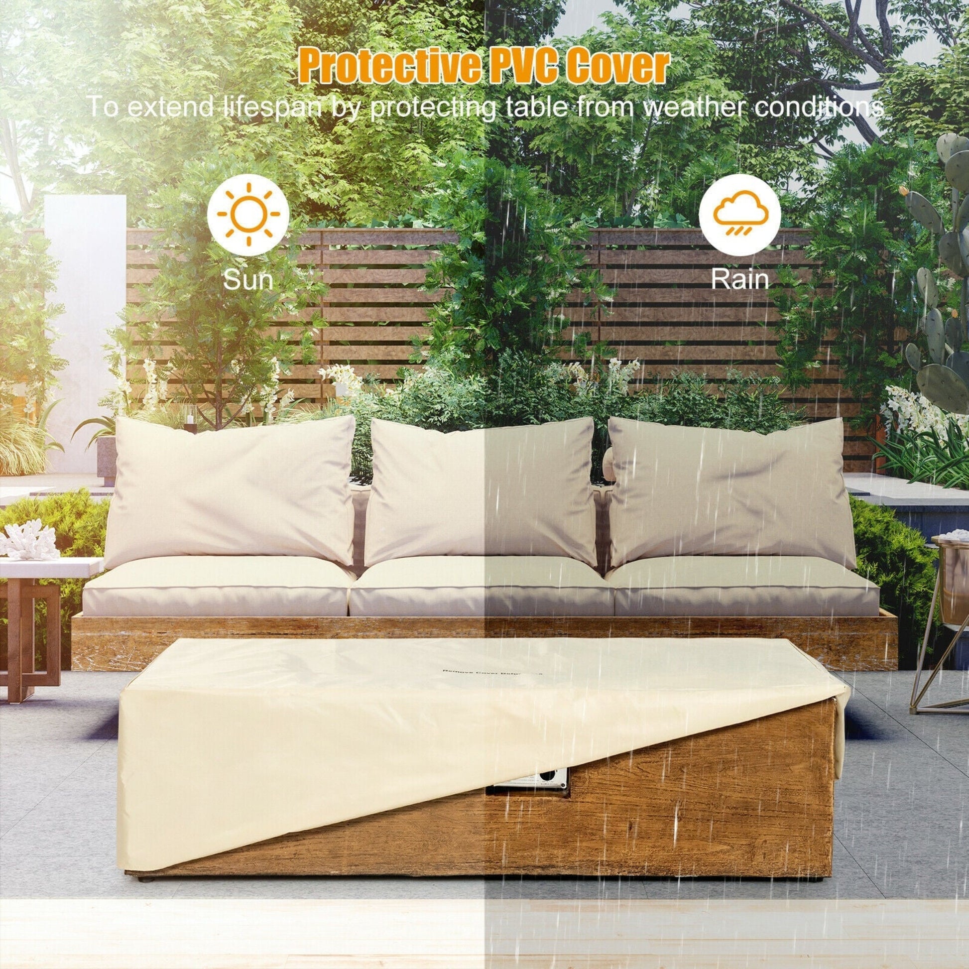 Outdoor furniture set with a protective PVC cover in a garden setting