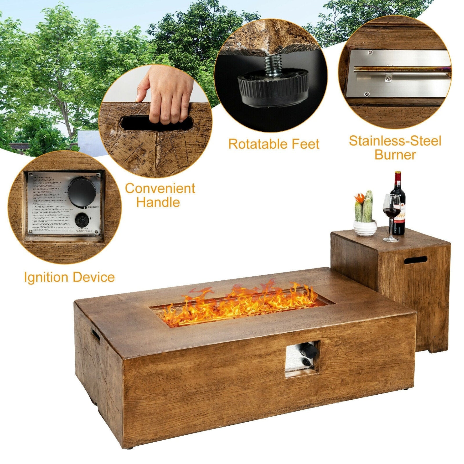 Wooden fire pit table with features highlighted, including rotatable feet, stainless-steel burner, convenient handle, and ignition device.