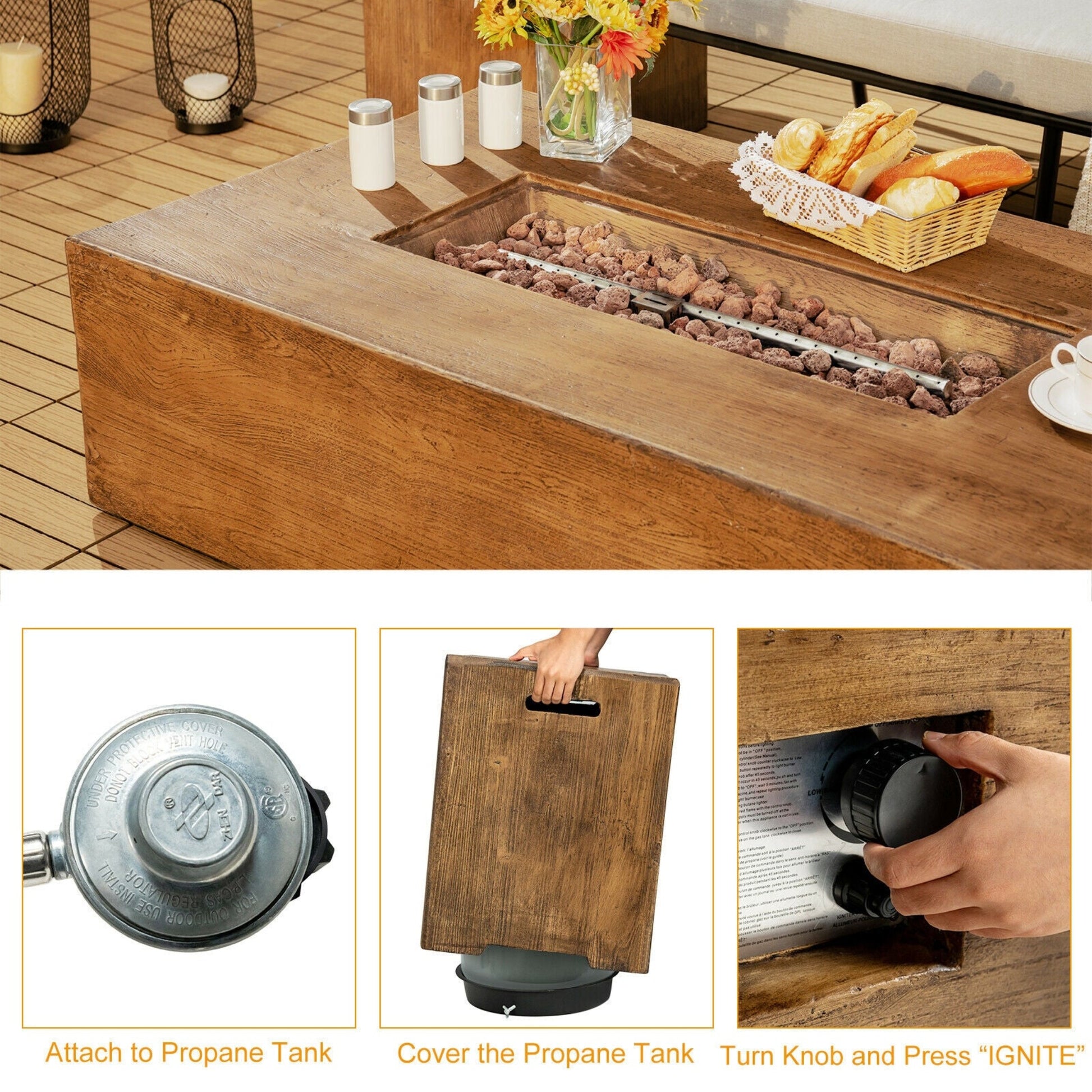 Wooden fire pit table with decorative items on a patio, accompanied by instructions for using a propane tank.