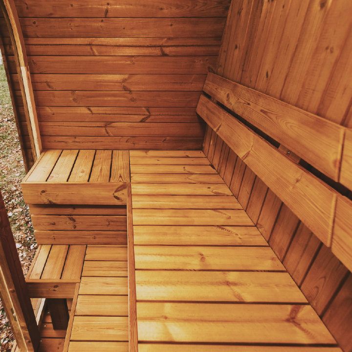 Wooden bench inside a wooden sauna