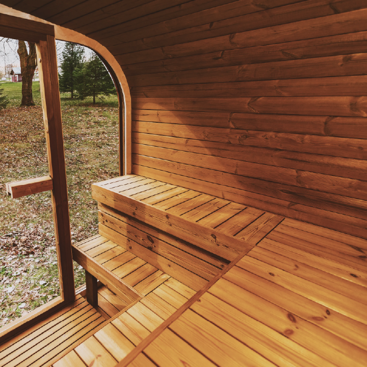 View as if sitting in sauna looking outside and inside sauna showing capacity