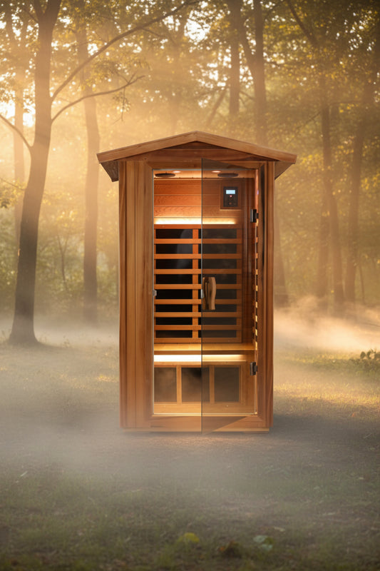 Wooden sauna with glass door on a lightly wooded and misty background