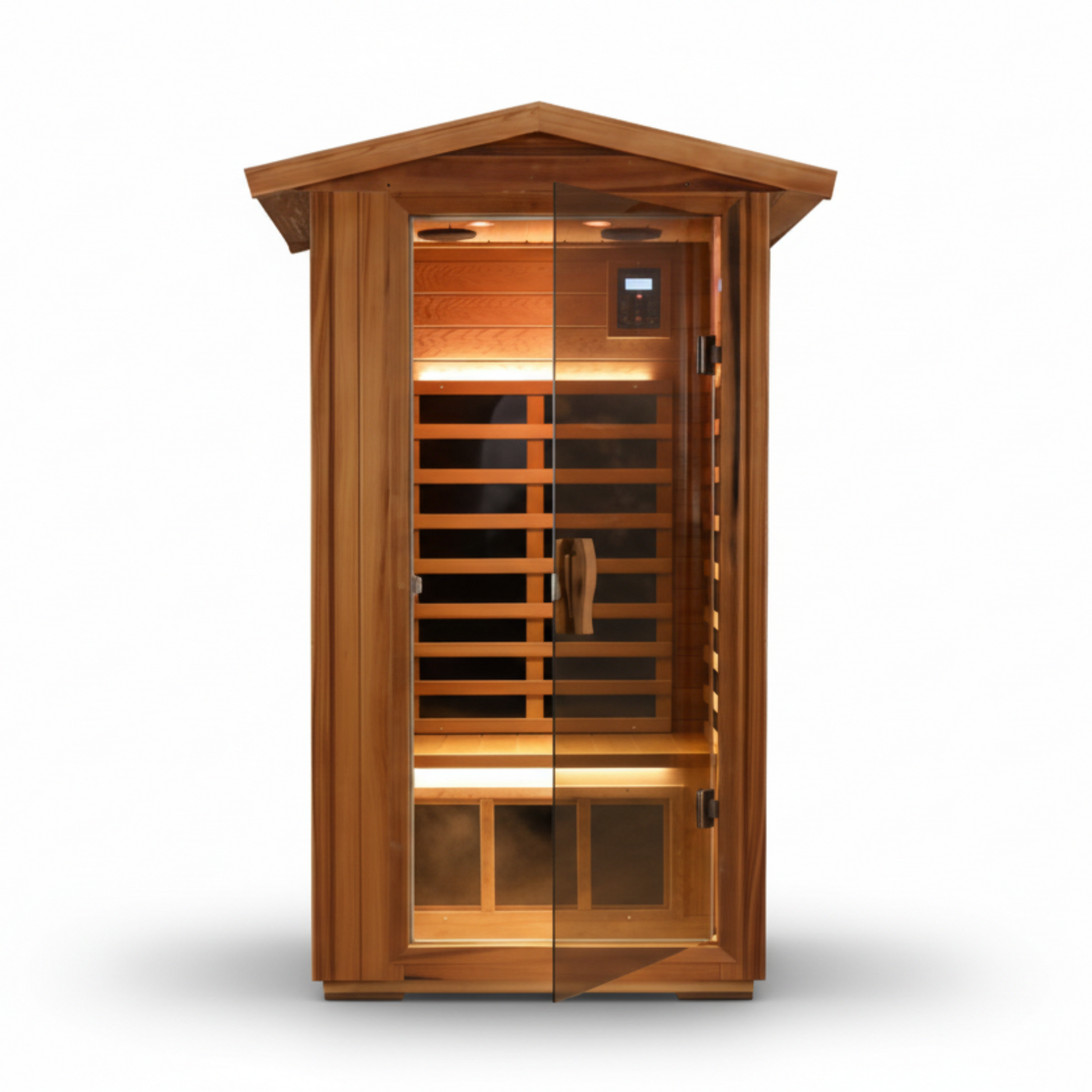Wooden sauna with opened tinted glass door on a white background
