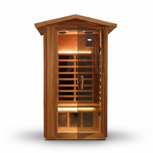 Wooden sauna with opened tinted glass door on a white background