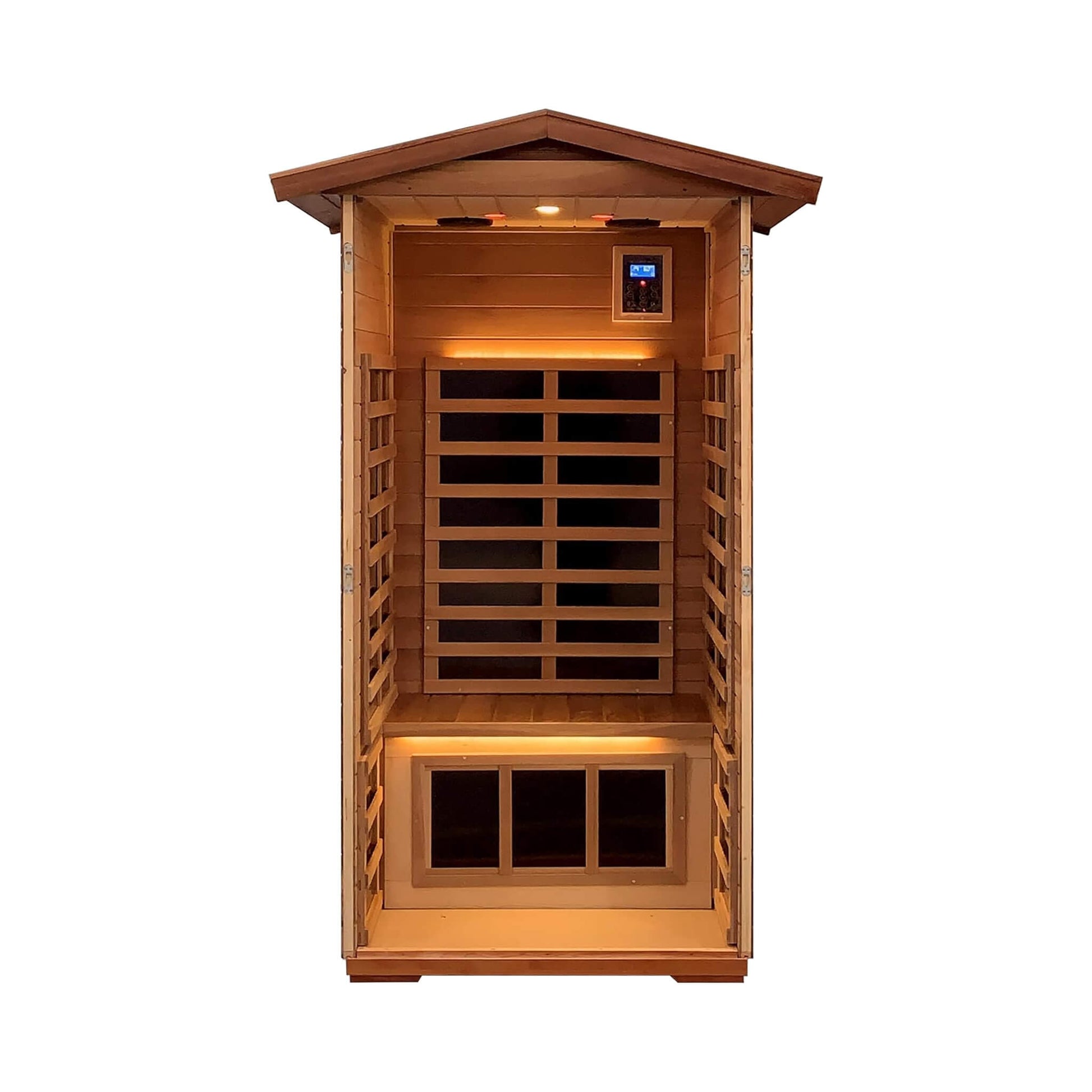 Wooden infrared sauna with interior lights on a white background