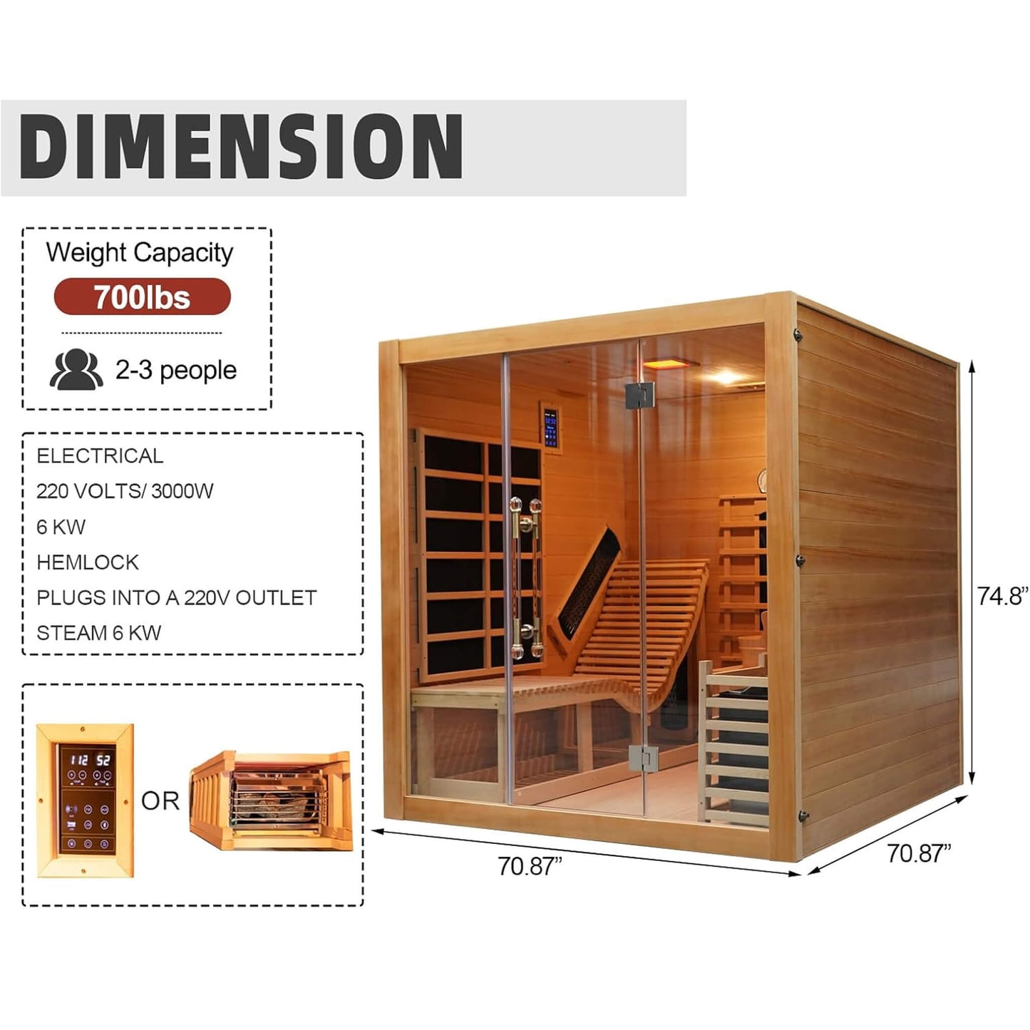 Rövia® Oasis 3-Person Indoor Hybrid Sauna Room with Built-In Lounge Chair