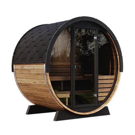 SaunaLife EE6G Ergo Series 4-Person Outdoor Barrel Sauna – Full Glass Front Ergonomic Backyard Sauna
