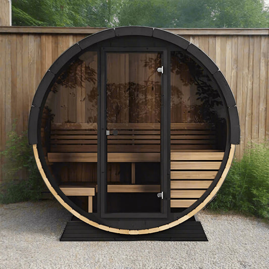 SaunaLife EE6G Ergo Series 4-Person Outdoor Barrel Sauna – Full Glass Front Ergonomic Backyard Sauna