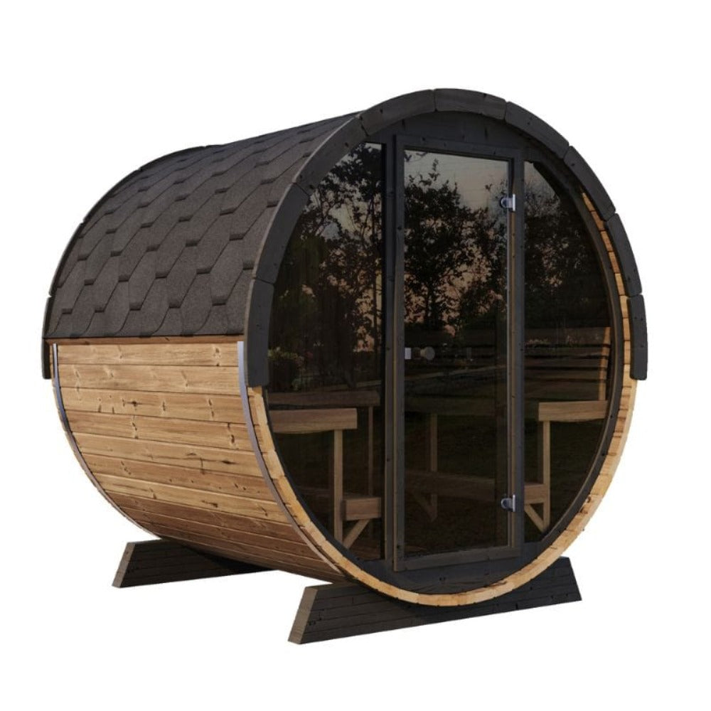 6-person outdoor barrel sauna with tempered glass front and wood exterior set on white background