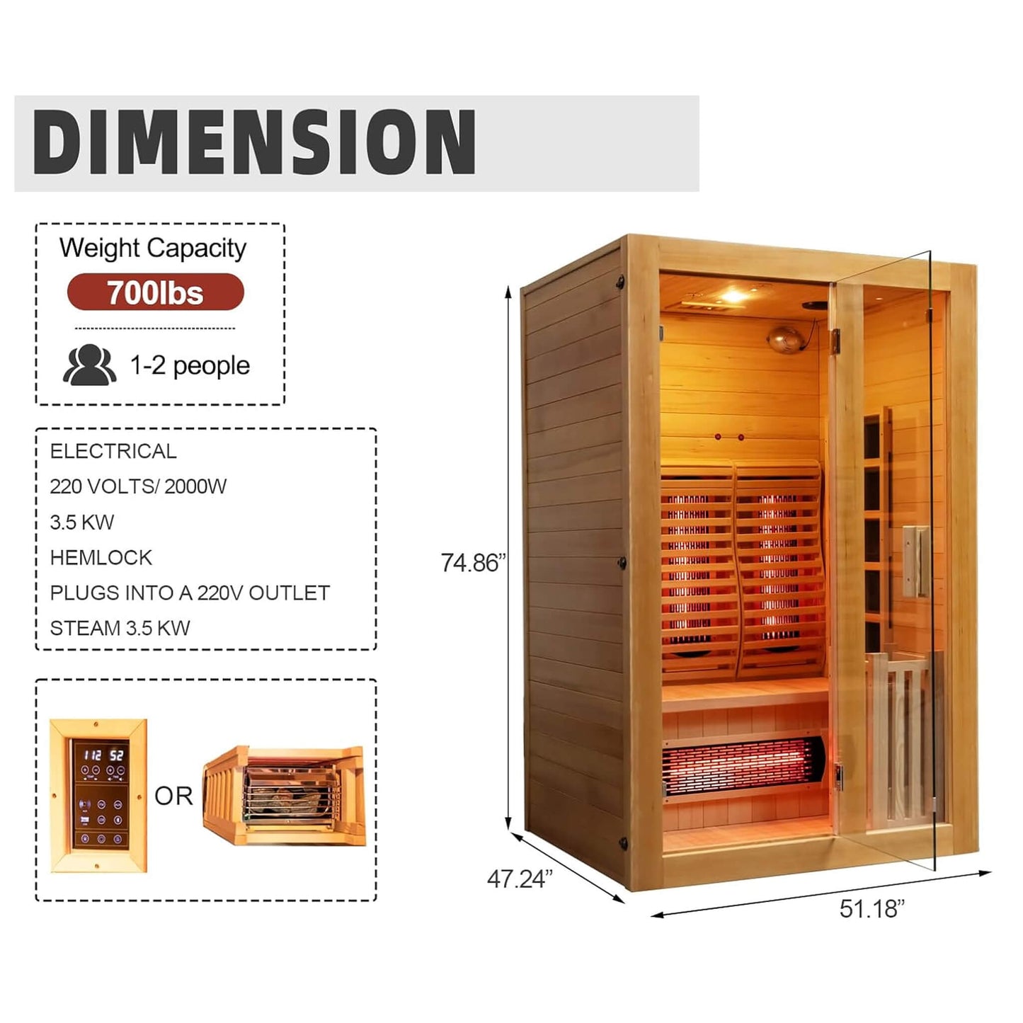 Rovia Luma 2-Person Hybrid Sauna – Infrared + 3.5kW Traditional Steam Indoor Sauna Room